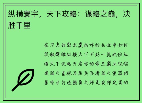 纵横寰宇，天下攻略：谋略之巅，决胜千里